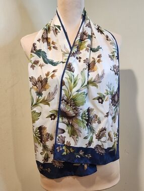 Anne Klein Floral Print Silk Scarf in White, Navy, Green & Brown